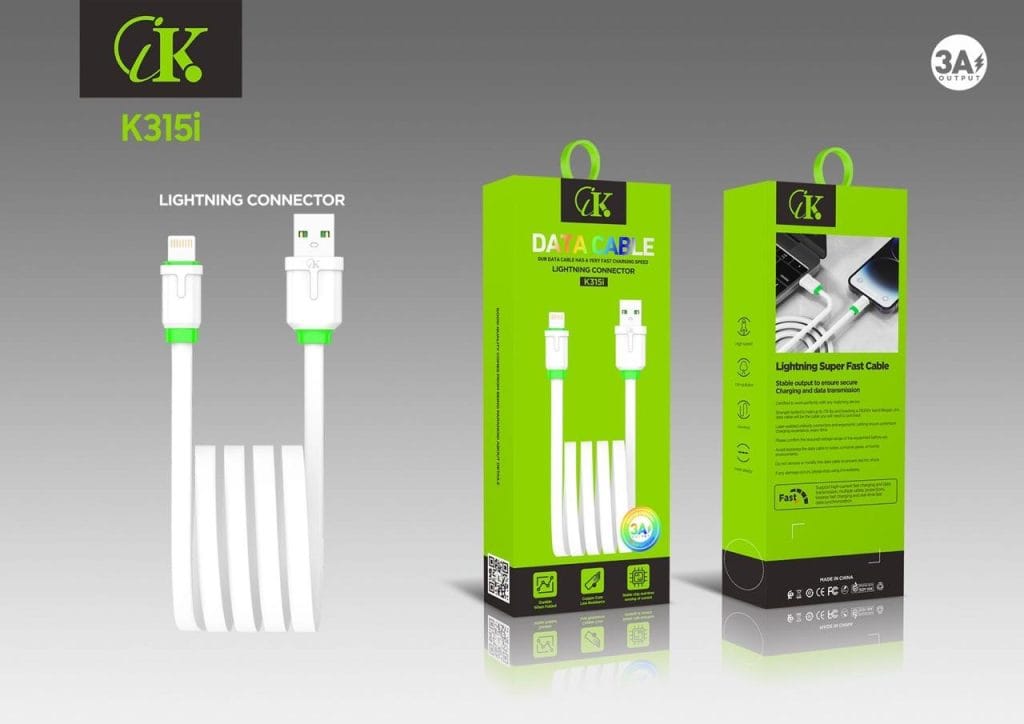 câble lightning CK K315i blanc plat rapide 3A