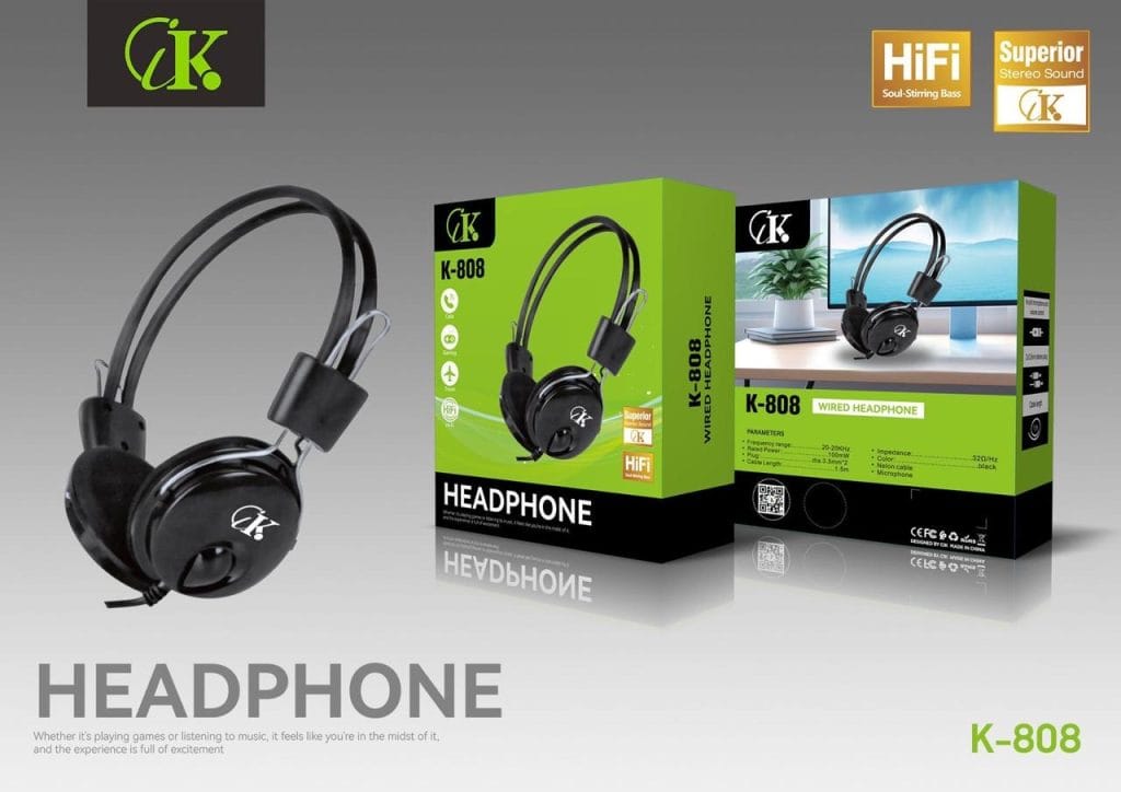 Casque audio filaire CK K-808 noir avec microphone intégré – Hi-Fi stéréo pour musique et appels