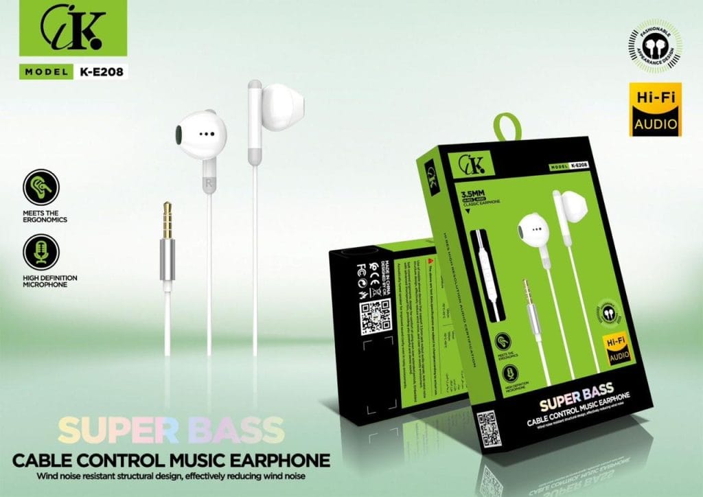 écouteurs CK K-E208 filaires avec micro HD, super bass et jack 3.5 mm