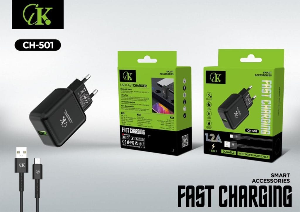 chargeur CK CH-501 avec port USB 1.2A et câble Micro USB 1m